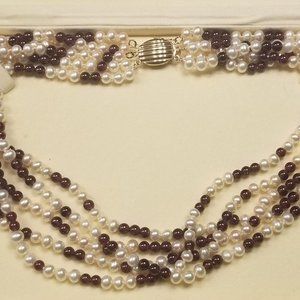 RARE VINTAGE ESTATE GUMPS RED GARNET PEARL 14k GOLD NECKLACE 5 STRAND TORSADE